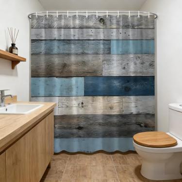 Imagem de Cortina de chuveiro de madeira rústica, azul, azul-petróleo, vintage, porta de celeiro, campo, casa de fazenda, imitação de tábua, decoração de banho, cortinas de tecido de poliéster 177 x 187 cm