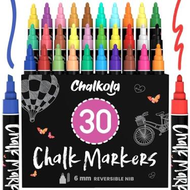 Imagem de Chalkola Marcadores de giz líquido apagáveis (pacote com 30 6 mm) Canetas pastel + giz neon - Tinta lavável com pano úmido para placa de quadro-negro, janela de carro, vidro, bistrô, placa, espelho