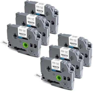 Imagem de Fita branca laminada de 12 mm 0,47 para Brother TZe-231 Tze231 Fita adesiva P-Touch TZ TZe 231 1/5.1 cm para PT-D220 D210 H110 D200 D400 1280 D610BT Preto sobre Branco TZE231 Recargas de etiqueta, 6