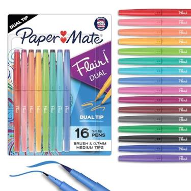 Imagem de Paper Mate Canetas de ponta dupla de feltro Flair, pincel e pontas médias, cores sortidas, 16 unidades
