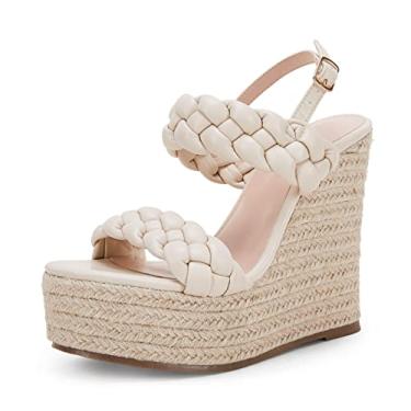 Imagem de Coutgo Sandálias femininas trançadas com plataforma de alpargata, bico aberto, duas tiras e fivela no tornozelo, sapatos de verão, Bege, 35