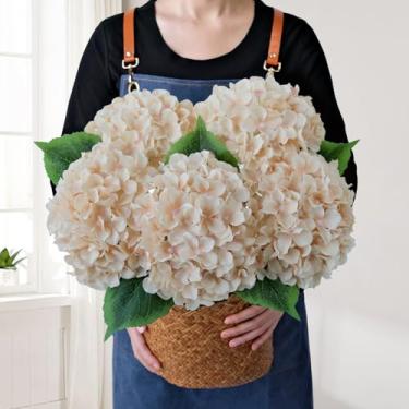 Imagem de JINWOE 5 peças de flores artificiais de hortênsia de seda, 50 cm, café leve, grandes flores realistas, hortênsias artificiais de Halloween para mesa de buquê, arranjos florais em casa e casamento
