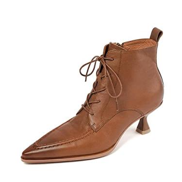 Imagem de TinaCus Bota feminina feita à mão de couro legítimo com costura frontal com zíper lateral e salto gatinho médio, Marrom, 39