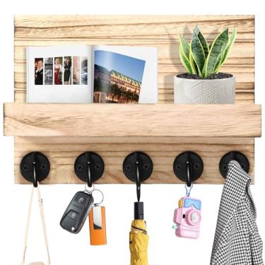 Imagem de Porta-chaves com 5 ganchos e ferragens de montagem, porta-chaves de madeira e porta-correio, gancho para parede para sacos de guarda-chuva, porta-chaves montado na parede, prateleira para porta de