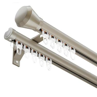 Imagem de Conjunto de varão de cortina duplo resistente com acabamento de tampa – Suporte de parede ajustável de 70 a 600 cm para janelas, banheiros, pátios, quartos - Acabamento decorativo champanhe