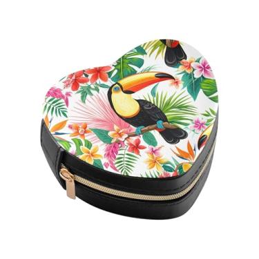 Imagem de Burbuja Tucanos Flores Tropicais Caixa de Joias em Forma de Coração Mini Estojo de Joias de Viagem para Mulheres e Meninas, Estojo Portátil Organizador de Armazenamento para Brincos, Anéis, Colares