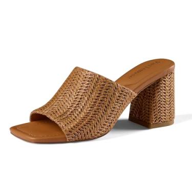 Imagem de Vaslemuse Salto Mule para mulheres, sandálias de salto grosso, bico aberto quadrado, casual, confortável, Marrom ráfia, 36