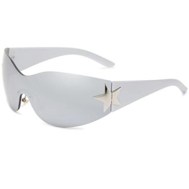 Imagem de AIEYEZO Óculos de sol modernos sem aro Y2K para mulheres e homens anos 2000, óculos de sol estilo envolvente, óculos de sol modernos Y2K, Prateado espelhado, MM