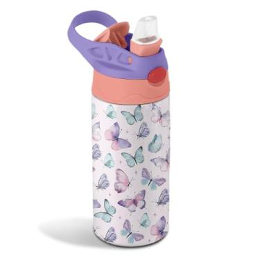 Imagem de Garrafa de água infantil borboleta de 340 g, garrafa de água colorida para escola, garrafas infantis isoladas com canudo e alça, à prova de vazamento, sem BPA, tampa de palha, copo de presente para