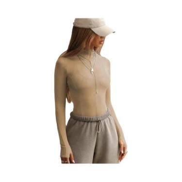 Imagem de Camiseta Feminina Slim-Fit Em Malha Transparente Com Manga Longa E Gol