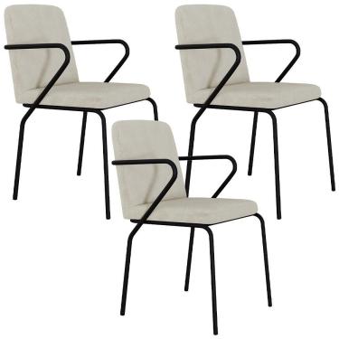 Imagem de Kit 03 Cadeiras Estofada Para Sala De Jantar Com Braço Loft Preto C01 Bouclê Vanilla - Lyam Decor
