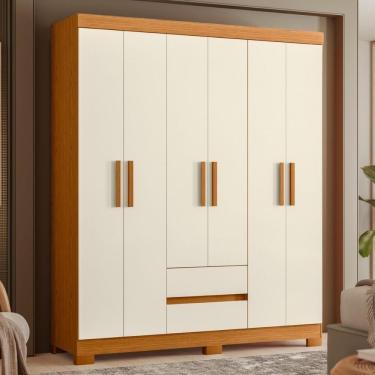 Imagem de Roupeiro Solteiro 6 Portas 2 Gavetas Com Espelho Cinamomo Mel Off White