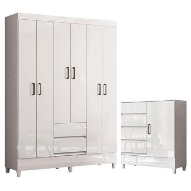 Imagem de Guarda Roupa Casal 6 Portas Com Pés Fit E Cômoda 1 Porta E 4 Gavetas Fit Branco Brilho - Santos Andirá