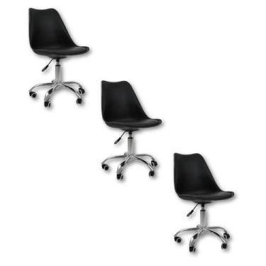 Imagem de Kit 3 Cadeiras Office Base Cromada Com Rodízio Giratória Saarinen Pret