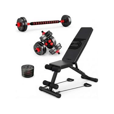 Imagem de Banco Supino Musculação com Kit Halteres Barras Anilhas Regulável Consport