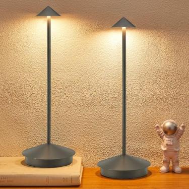 Imagem de XMINKDZA Candeeiro de mesa portátil de LED sem fio, pacote com 2, bateria recarregável de 6000 mAh, lâmpada de mesa externa para jantar, restaurante, pátio, quarto, acampamento, IP54, à prova d'água