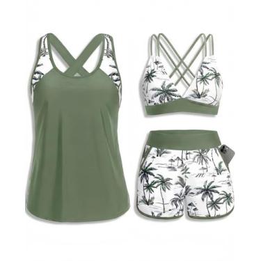 Imagem de Maiô tankini feminino Daci de 3 peças com estampa de palmeiras verdes