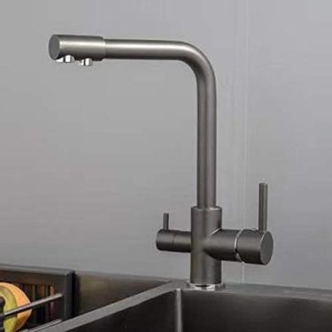 Imagem de Torneira filtrada de cozinha Balck com torneira purificador de latão de ponto duplo pulverizador torneira de água potável vaso misturador de pia, cinza, china