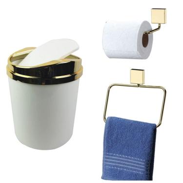 Imagem de Kit 3 Peças Banheiro Lixeira + Papeleira + Toalheiro Argola Dourado - Future