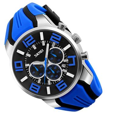 Imagem de Relógios masculinos pulseira de silicone jovem à prova d'água esportes moda casual grande rosto cronógrafo luxo luminoso analógico quartzo preto relógio de pulso presentes SKMEI, G9128 azul, moda