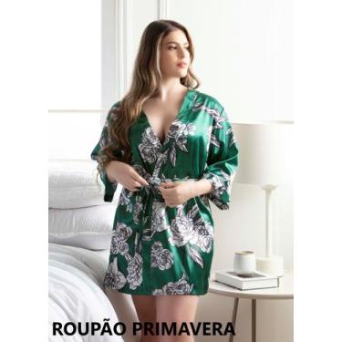 Imagem de Roupão Robe Kimono Cetim Estampado Exclusivo Noiva Pijama Luxo Sem Bor