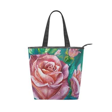 Imagem de Bolsa feminina durável de lona vintage rosa buquê grande capacidade sacola de compras bolsa de ombro