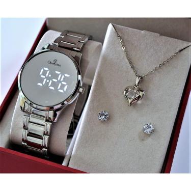 Imagem de Relogio Champion Prateado Espelhado Medio Ch48046s + Kit Semi Joia