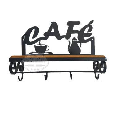 Imagem de Prateleira Café com 4 Ganchos em Madeira de Demolição e Ferro Sudeste Rústico
