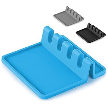 Imagem de Descanso de colher de silicone Simple Craft com almofada coletora – 4 descansos de colher ranhurados para utensílios de cozinha, pinças, conchas – Suporte de colher resistente ao calor para topo de fogão, bancadas, mesas (azul)