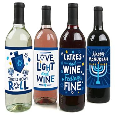 Imagem de Big Dot of Happiness Hanukkah Menorah - Chanukah Holiday Party Decorations for Women and Men - Wine Bottle Label Stickers - Set of 4