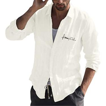 Imagem de Camisa social masculina de verão moda masculina casual simples algodão e linho pequena impressão lapela camiseta masculina neve camisas longas, Branco, P