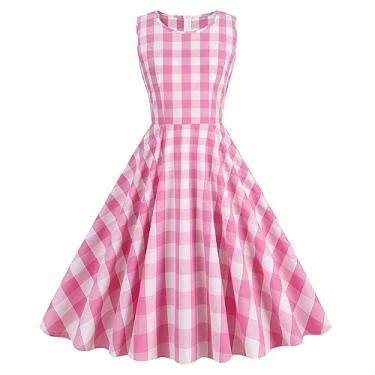 Imagem de Vestido feminino sem mangas, vintage, xadrez, retrô, gola redonda, vestido rodado, evasê, vestido de verão com cinto, rosa, XXG