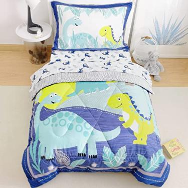 Imagem de Jupeollon Conjunto de cama infantil de dinossauro, 4 peças, macio, para meninos e meninas, inclui edredom, lençol liso, lençol de elástico, fronha, azul e branco
