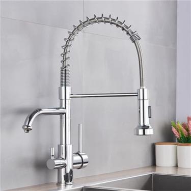 Imagem de Torneira de cozinha de água filtrada, misturador de pia de vaso duplo, torneira montada em furo único, misturador quente e frio, cromado