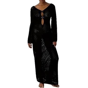 Imagem de TRURENDI Vestido feminino longo de malha, vazado, decote V profundo, manga comprida, colado ao corpo, outono, costas nuas, vestido de férias, Preto, P