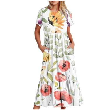 Imagem de Vestidos femininos de manga curta floral soltos para mulheres decote canoa maxi longo midi outono verão vestidos 2024, T-039 multicolorido, P
