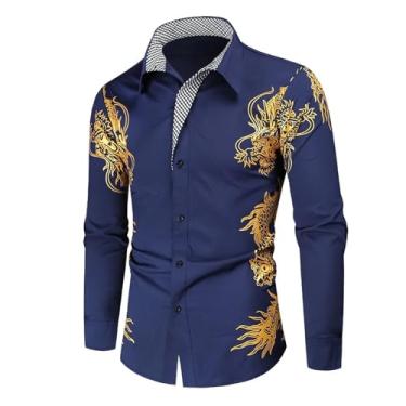 Imagem de Camisa masculina de manga comprida estampada em bronze casual slim fit Royal Paisley camiseta estampada dragão para homens, Azul marinho, XXG