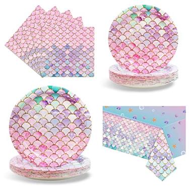 Imagem de Artigos de festa de aniversário de sereia - Decorações de aniversário com tema de sereia, artigos de festa no oceano, louça descartável para meninas, chá de bebê, serve 25 convidados com pratos de papel, guardanapos, toalha de mesa