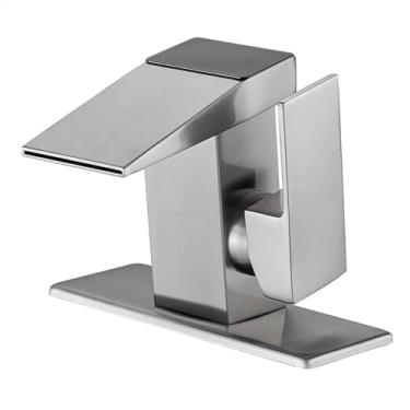 Imagem de Torneira de lavatório com visor digital inteligente torneira de pia de lavatório, torneiras de cascata de montagem no convés, guindaste misturador de água fria e quente de furo único (cor: Níquel