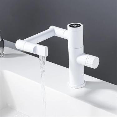 Imagem de Torneira de lavatório Torneiras de lavatório de cozinha de 1080 graus, torneira de pia de exibição digital inteligente, torneira misturadora de água quente e fria (cor: branco)