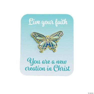 Imagem de Broche de lapela religioso Live Your Faith You Are a New Creation In Christ com cartão Incentive as mulheres a "viver sua fé" com este lindo broche de borboleta, esmalte, Esmalte
