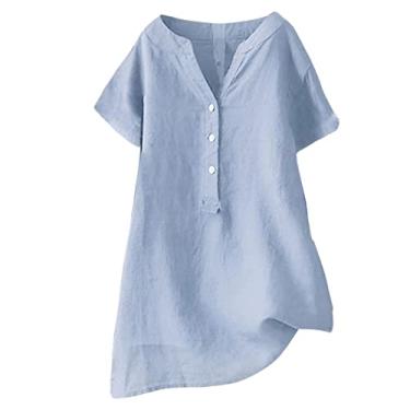 Imagem de Camisa feminina com botões de linho, básica, manga curta, tamanho grande, casual, solta, confortável, blusas casuais modernas, Azul, M