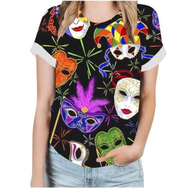Imagem de Camisetas femininas de carnaval 2024 Mardi Gras plus size, casuais, modernas, máscara, estampadas, manga curta, camisetas de carnaval, A02#multicolorido, 3G