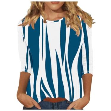 Imagem de MaMiDay 2024 Camisetas femininas estampadas manga 3/4 verão casual solta gola redonda blusa floral boho moderno blusas elegantes, A02# azul-marinho, M