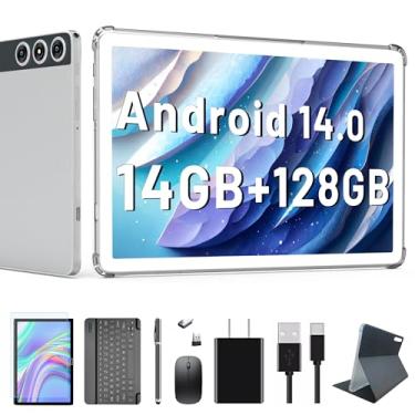 Imagem de Tablet Android 14 mais recente de 2024, tablet de 10 polegadas com 128 GB de armazenamento 1TB expansível 14 GB RAM, tablet celular duplo 4G com teclado compatível com WiFi/Bluetooth 5.0/GPS,