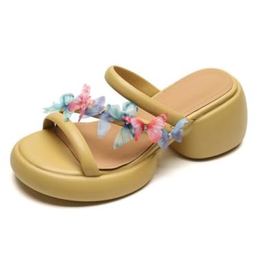 Imagem de Sandálias femininas de salto bloco com cadarço de largura larga – Sandálias confortáveis para caminhada para pés inchados e roupas de maternidade, Amarelo, 35