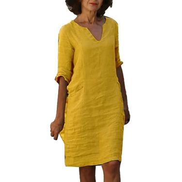 Imagem de Lainuyoah Vestido feminino 2024 casual primavera midi linho elegante 2024 boho manga curta linha A vestido camisa comprimento joelho, A - amarelo, P