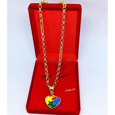 Imagem de Colar feminino elos Português 6mm Folheado Ouro Dourado com Pingente Coração Pequeno Acessórios Feminina Gargantilha