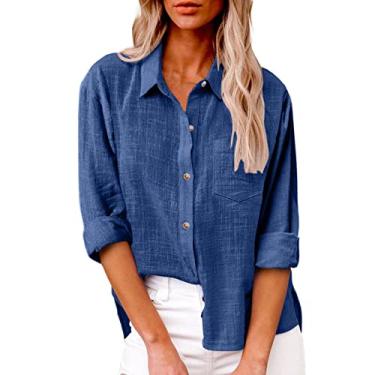 Imagem de Camisetas femininas de verão 2024 de linho para mulheres, manga comprida, lapela com botões, blusa de gaze, folgada, casual, Ofertas Relâmpago Azul, GG
