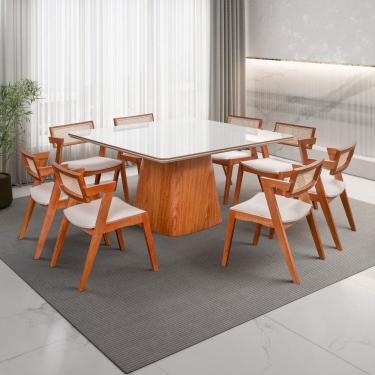 Imagem de Conjunto Mesa Bergame Tampo com 8 Cadeiras em Madeira Maciça, Estofada e Rattan de Fibra 100% Marrom Champagnhe/Off White